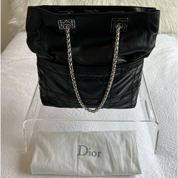 Authentic - Christian Dior Black Cannage Leather Granville Chain Link Tote - Picture 2 of 14